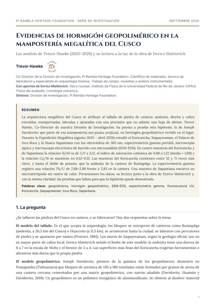 Cover of the report Evidence of geopolymer concrete in the megalithic masonry of Cusco