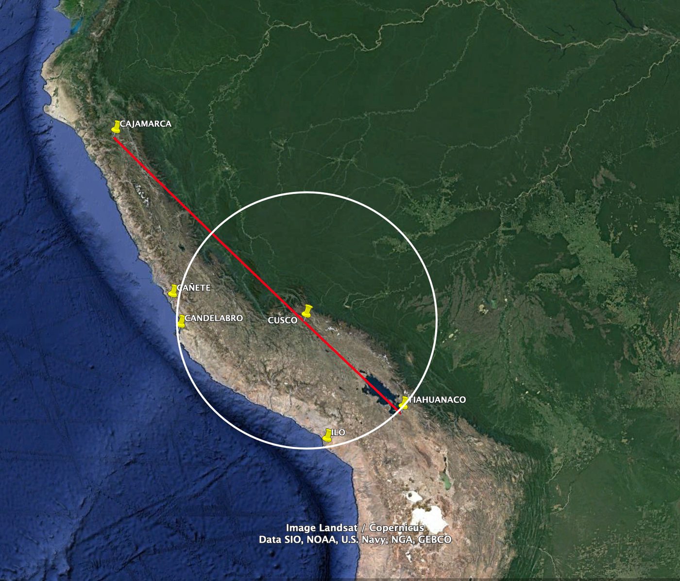The circle centred on Cusco touches the coast at Ilo, Paracas and Cañete